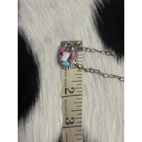 Native American SW Sterling Silver Cotton Candy Turquoise Oval Bar Necklace - Picture 7 of 7